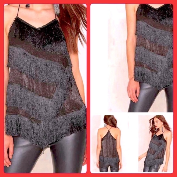 JOA Fringe & Satin Black Asymmetrical Racerback Halter Top Edgy Moto Sexy Size M - Picture 3 of 12